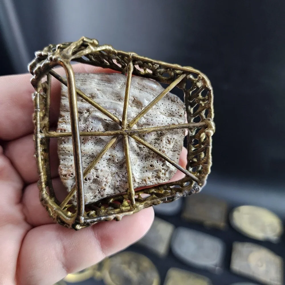 70s Vintage Brass and Abalone Brutalist Style Belt Buckle